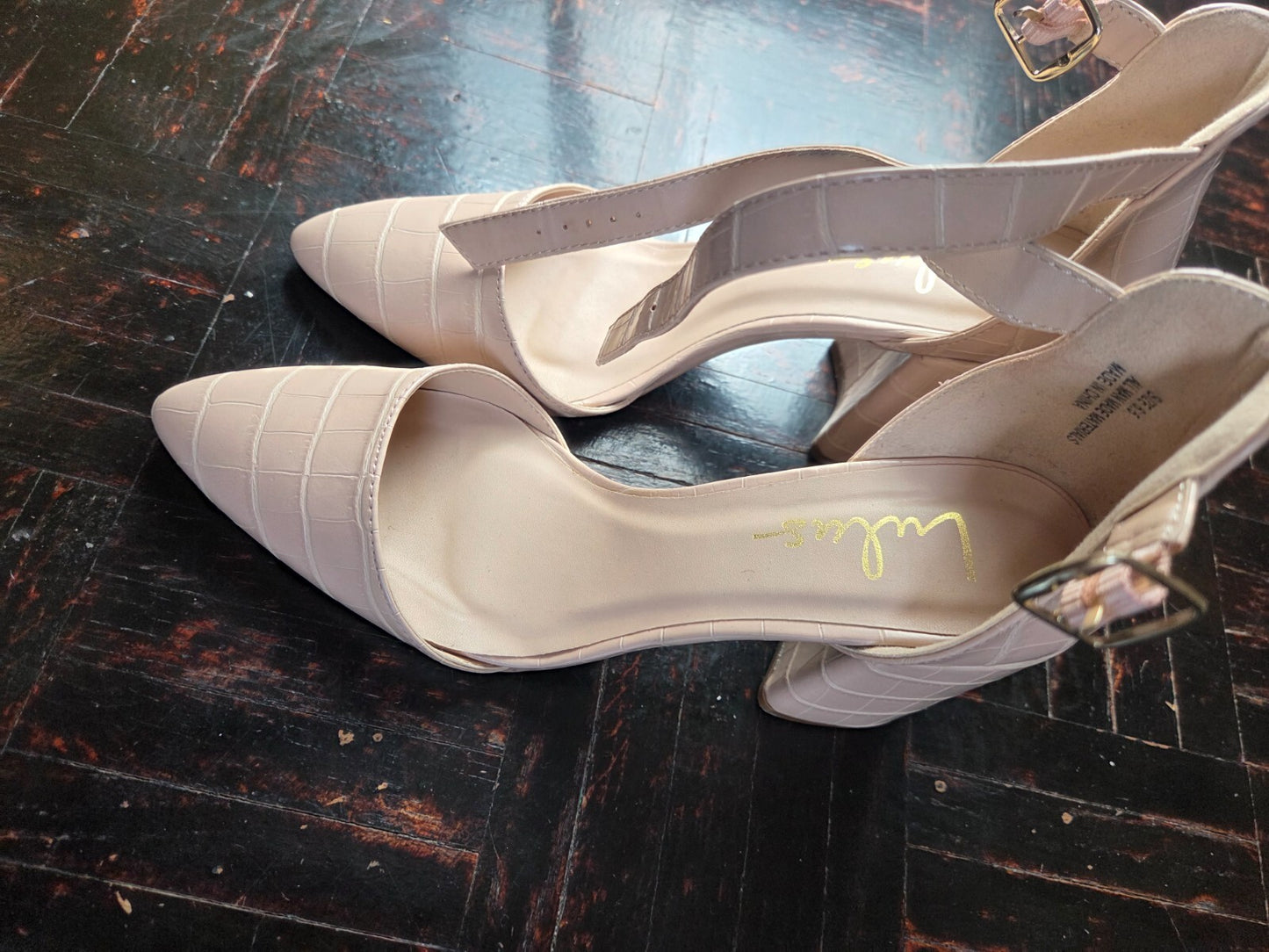 Ellarose Nude Crocodile Ankle Strap Heels for Women Round Toe Platforms  US 6.5