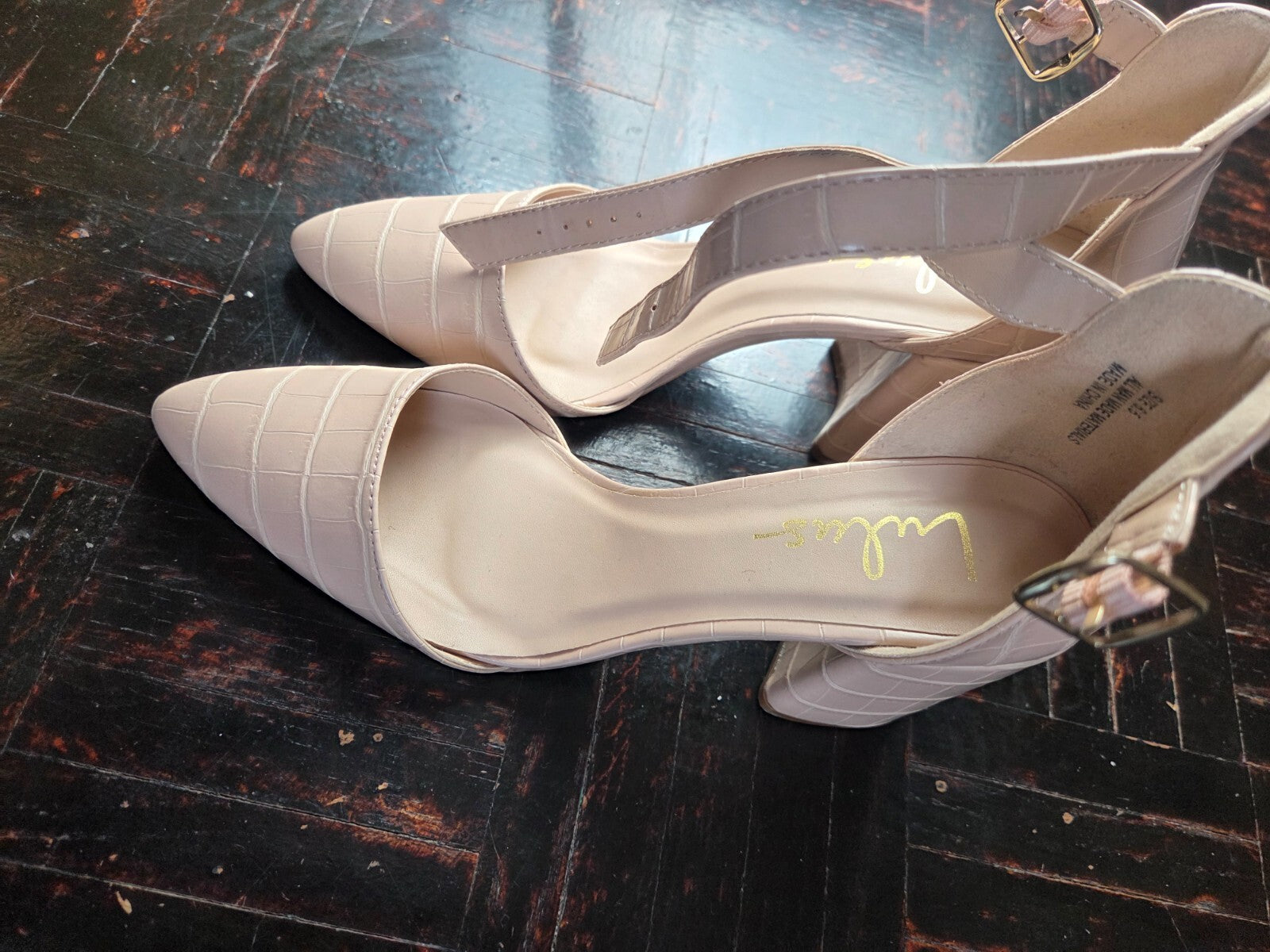 Ellarose Nude Crocodile Ankle Strap Heels for Women Round Toe Platforms  US 6.5