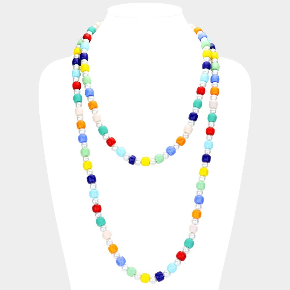 Multi-Color Beaded Pointed Pearls Double Layered Long Bib Necklace for Women