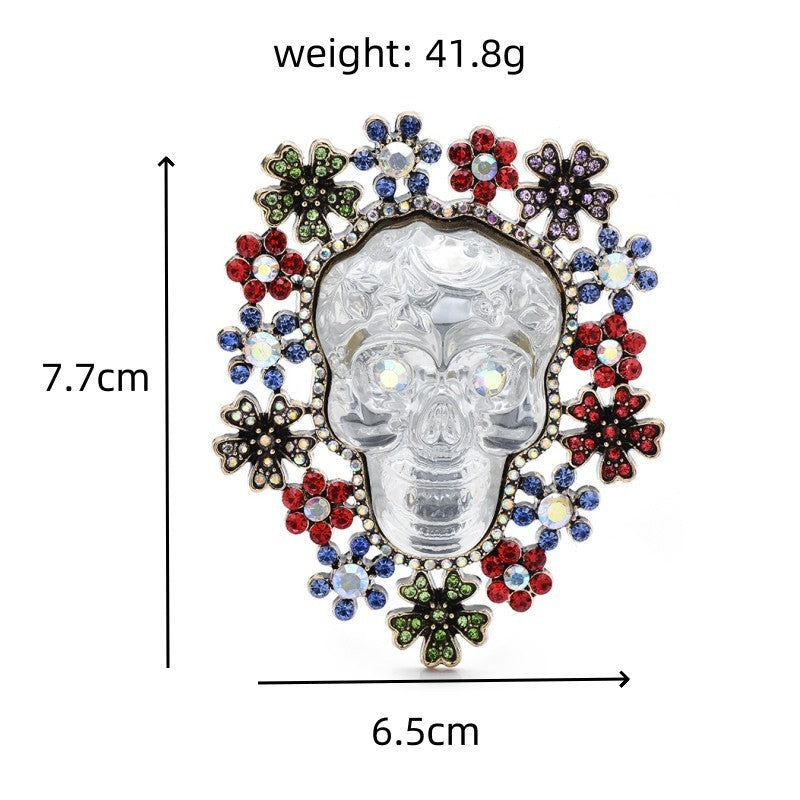 Vintage Large Clear Glass Skull Flower Brooch Pin Rhinestone Gothic 3.03"
