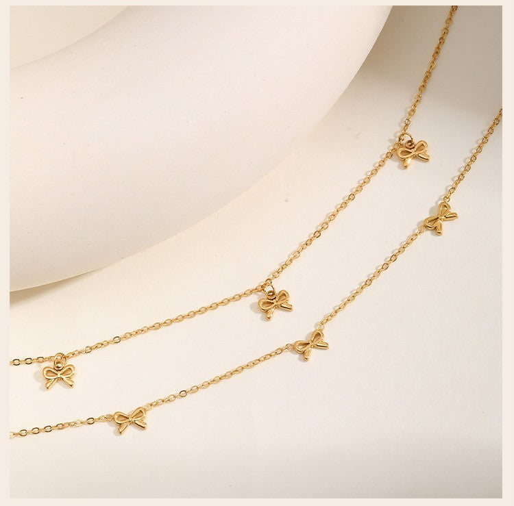 Women’s Bow Charm Necklace Stainless Steel Thin Chain Choker Jewelry Gold Tone