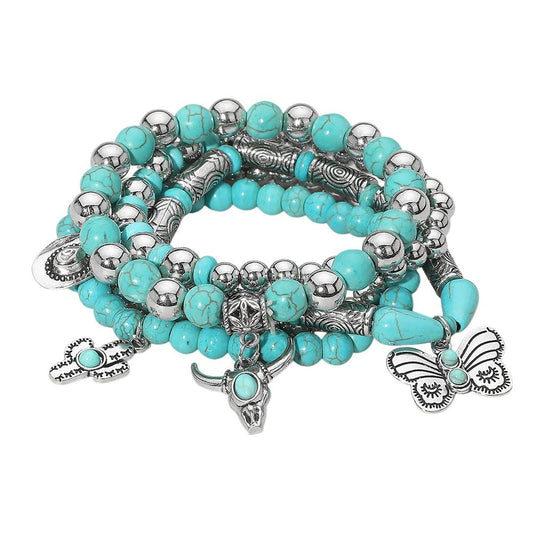 Boho Western Steer Head Charm Beaded Stretch Bracelet Multi Layered Turquoise
