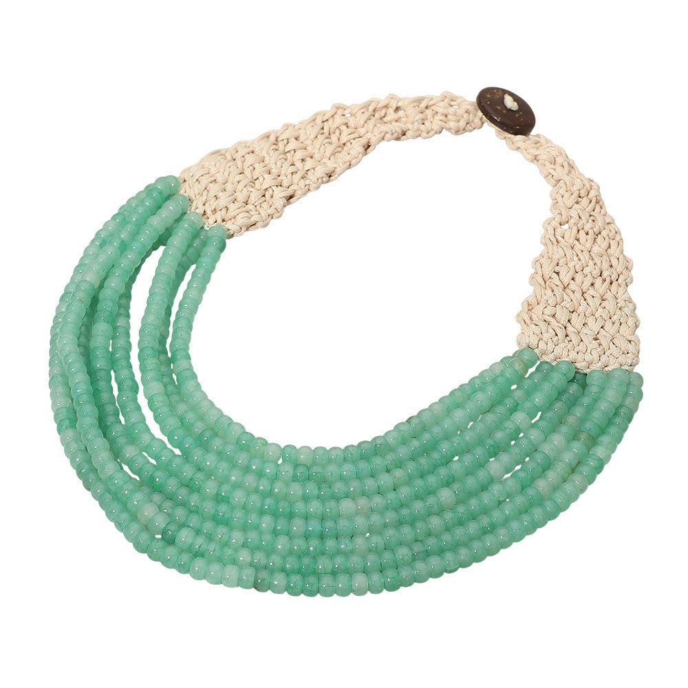 Handmade Multi-Strand Mint Green Seed Bead Statement Necklace with Crochet Strap