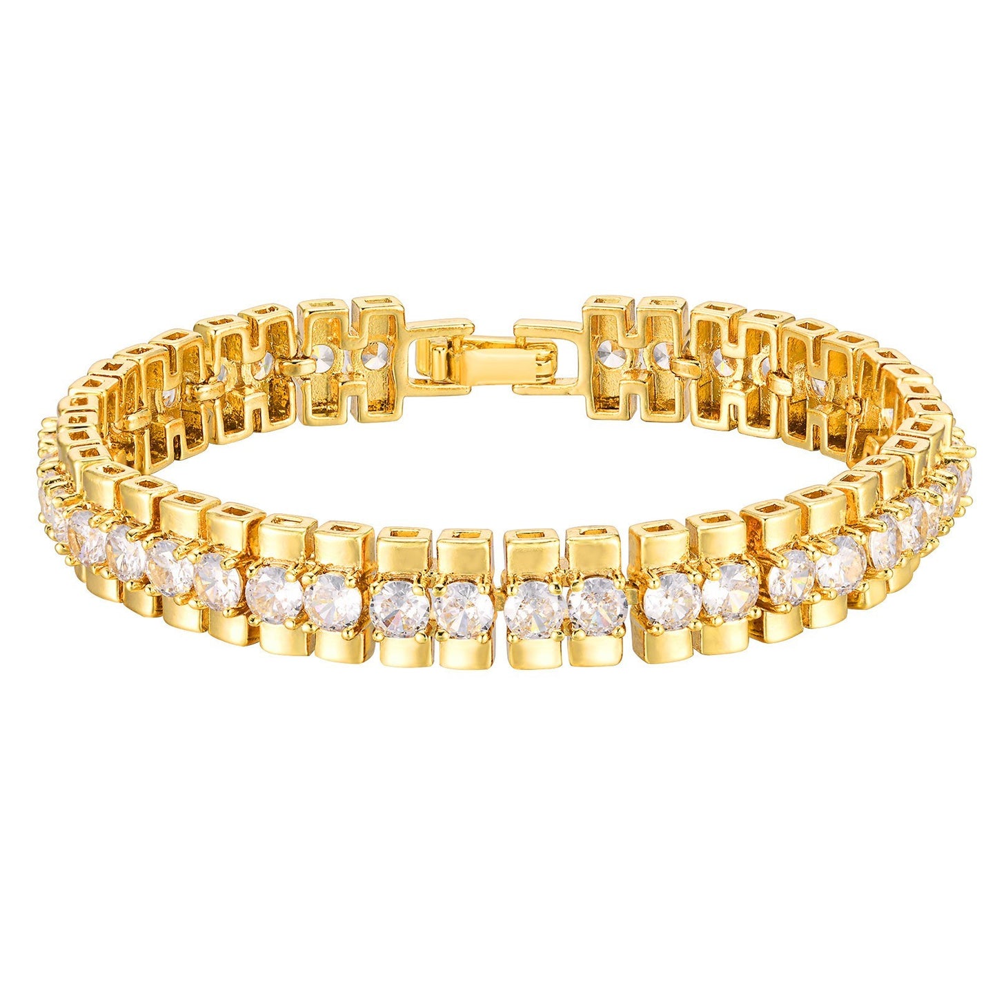 Gold Plated Rhinestone Tennis Bracelet Two Row CZ Crystal Bangle Women’s Fashion