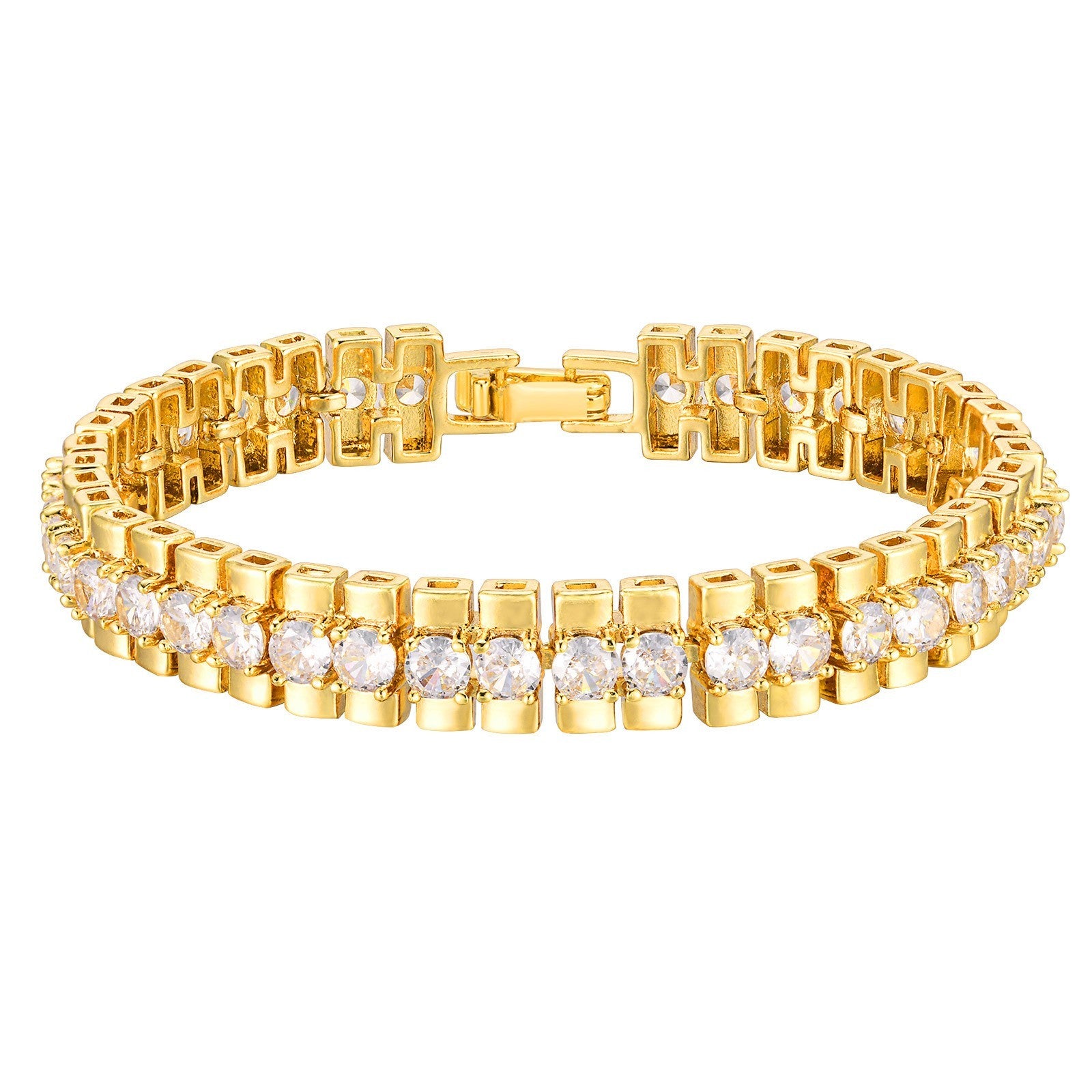 Gold Plated Rhinestone Tennis Bracelet Two Row CZ Crystal Bangle Women’s Fashion