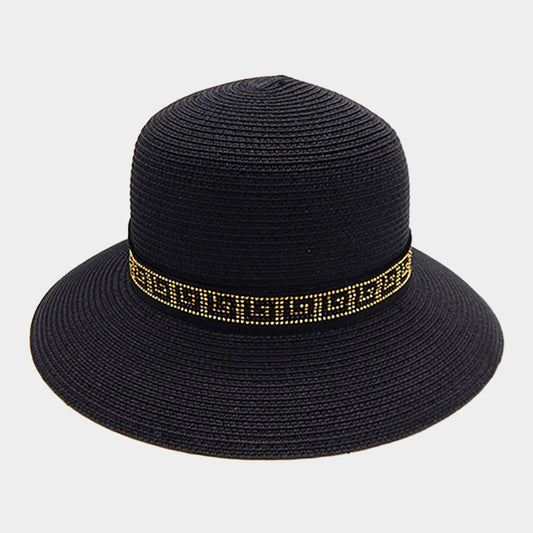 Women's Straw Sun Hat with Greek Key Pattern Wide Brim Summer Beach Hat