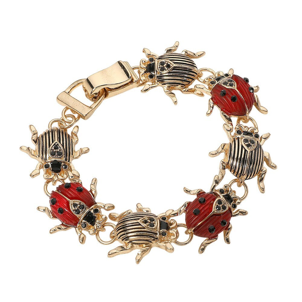 Ladybug Magnetic Bracelet Gold Tone Enamel Link Charm Bug Jewelry for Women