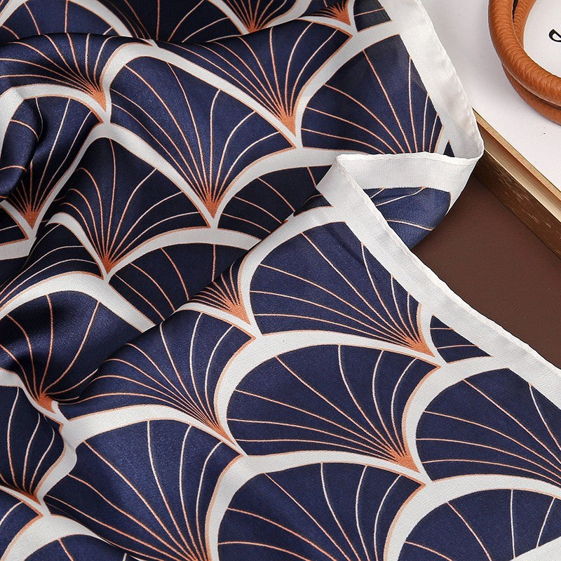 Art Deco Fan Print Square Scarf Navy Blue Gold Satin Feel 27.5" x 27.5"