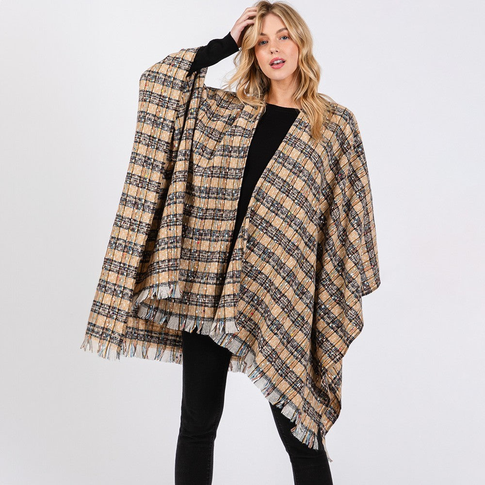 Multi Color Plaid Ruana Poncho Wrap Shawl Cape Open Front Women’s One Size