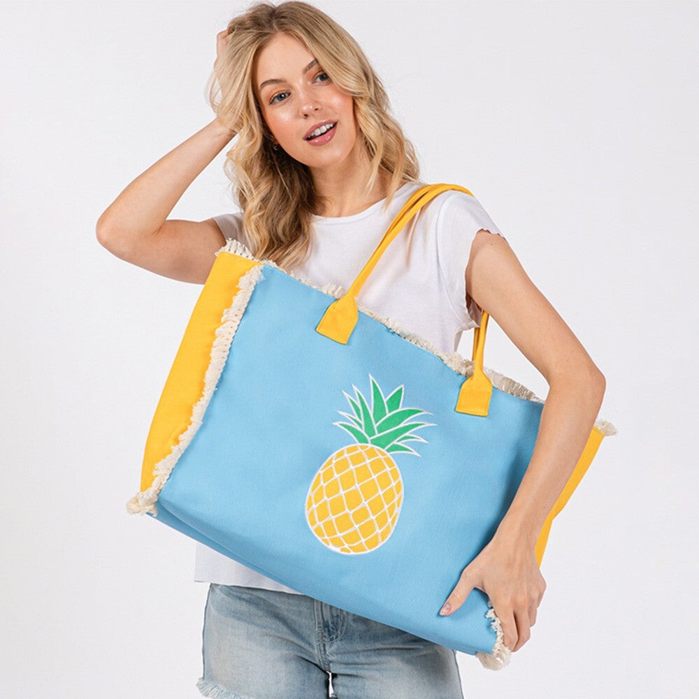 Pineapple Patch Embroidered Fringe Tote Bag Beach Vacation Purse