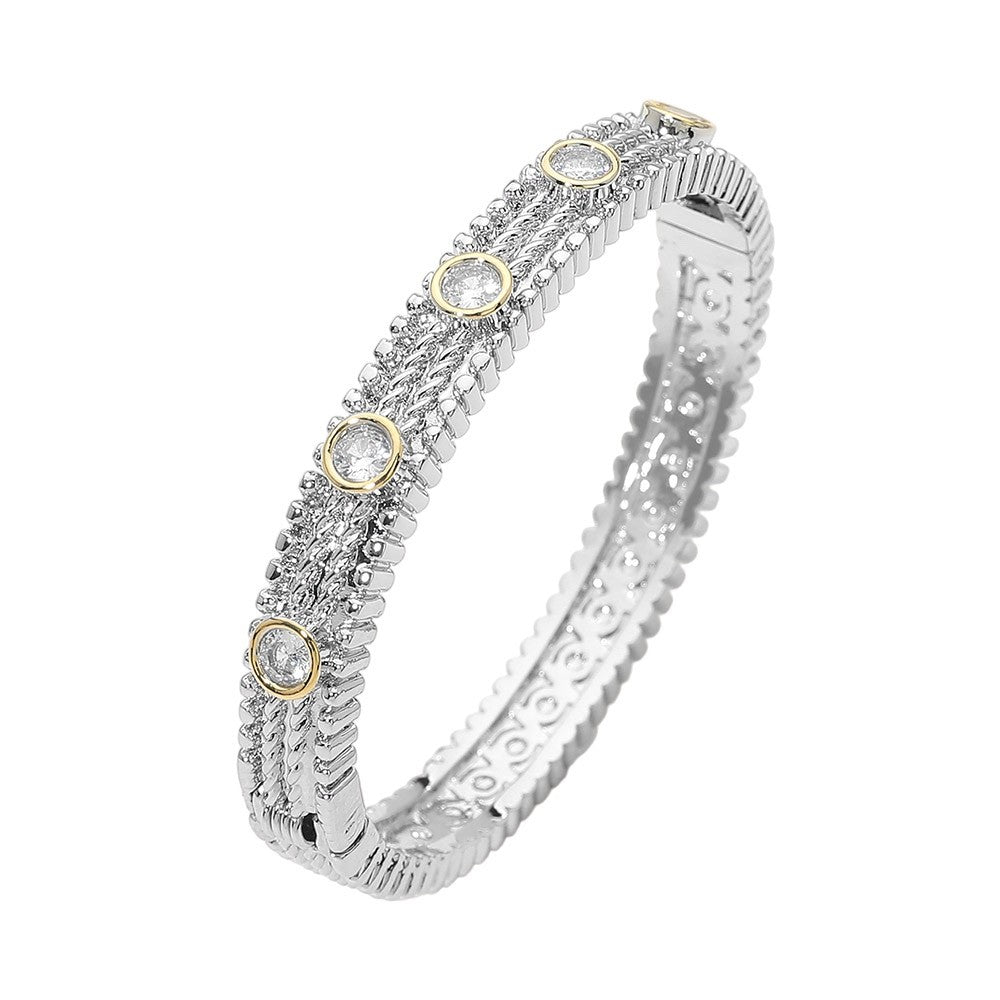 Silver & Gold Two-Tone Rope Texture Cubic Zirconia Hinged Bangle Bracelet
