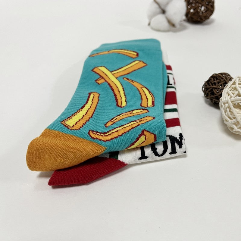 Fun Mismatched Socks French Fries and Ketchup Bottle Print Colorful Novelty Crew