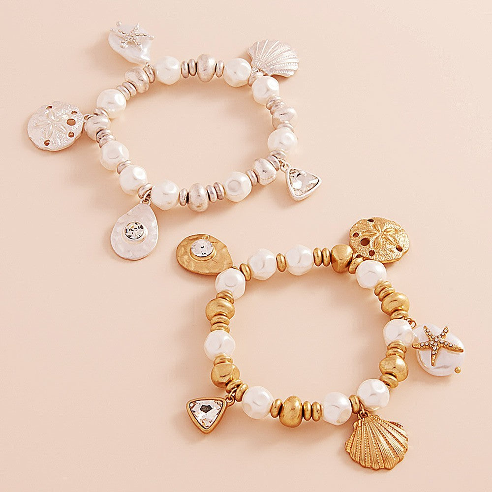 2pcs Ocean Charm Pearl Bracelet Set Silver Gold Tone Starfish Seashell Jewelry