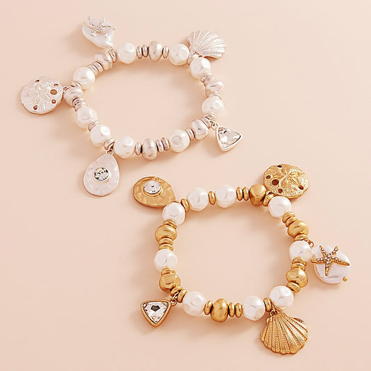 2pcs Ocean Charm Pearl Bracelet Set Silver Gold Tone Starfish Seashell Jewelry