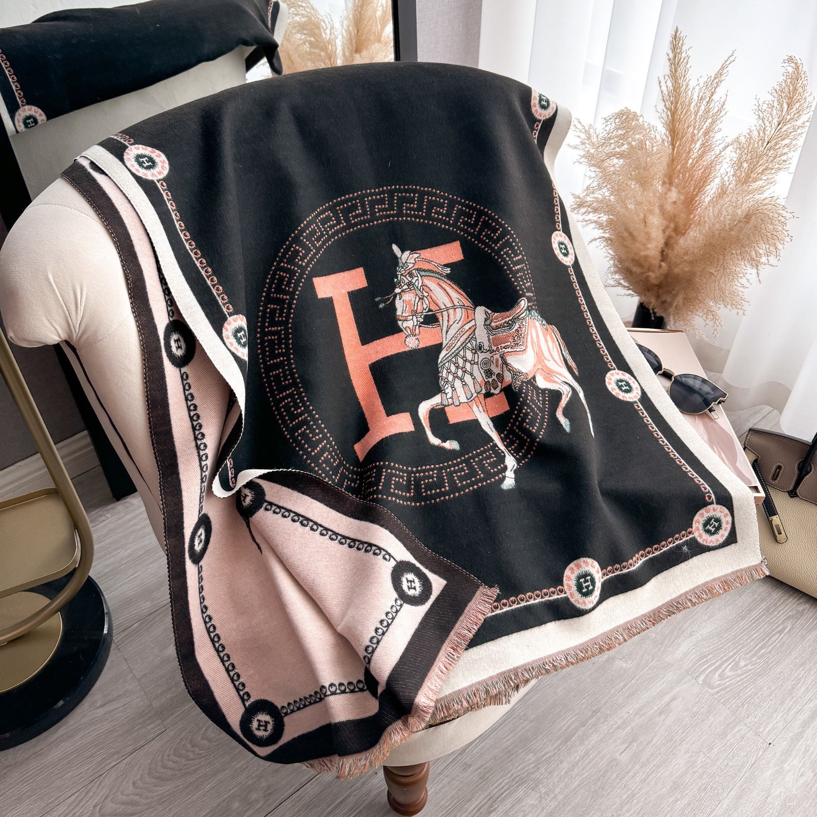 Luxury Oversized Shawl Blanket Scarf Black Pink Coral Horse Chain Print Fringed
