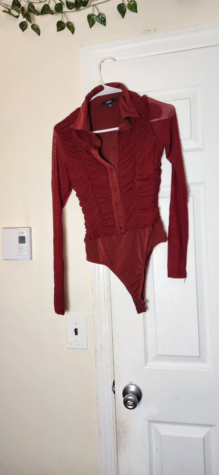 Don't Ruche Love Burgundy Mesh Ruched Long Sleeve Bodysuit for Women Medium