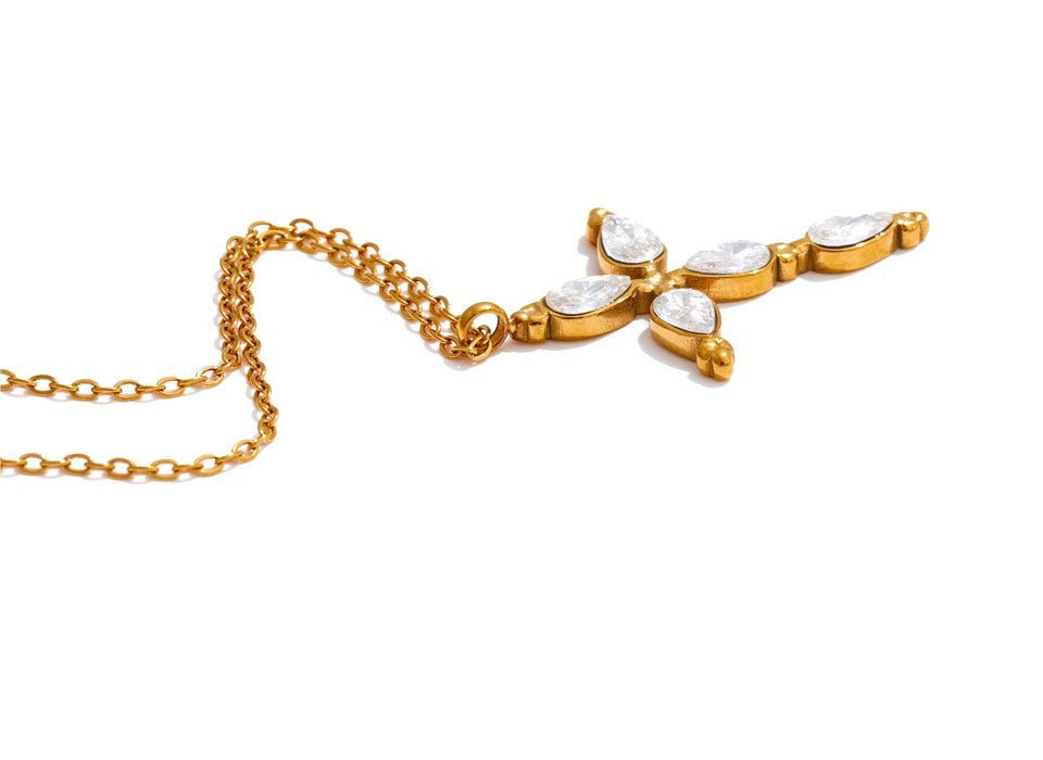 Gold Cross CZ Pendant Necklace | Stainless Steel Real Gold Plated Chain