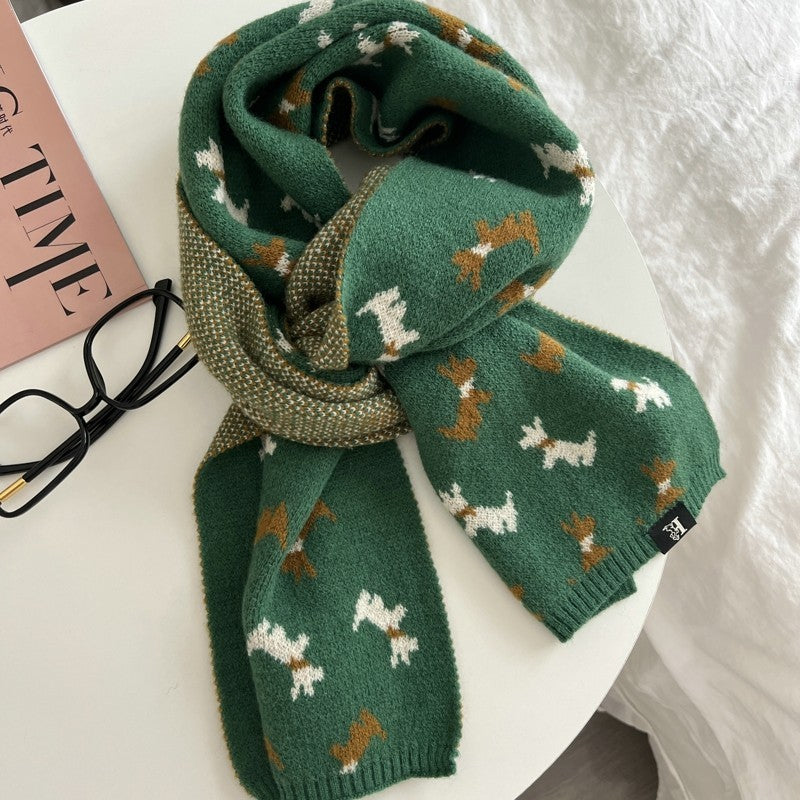Green Knit Dog Animal Pattern Scarf Long Warm Winter Wrap Unisex Gift New