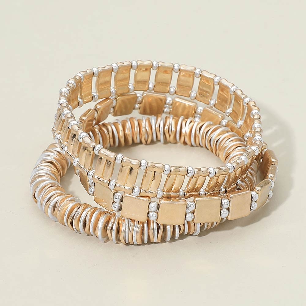 3pc Gold & Silver Mixed Metal Stretch Bracelet Set - Boho Stackable Jewelry