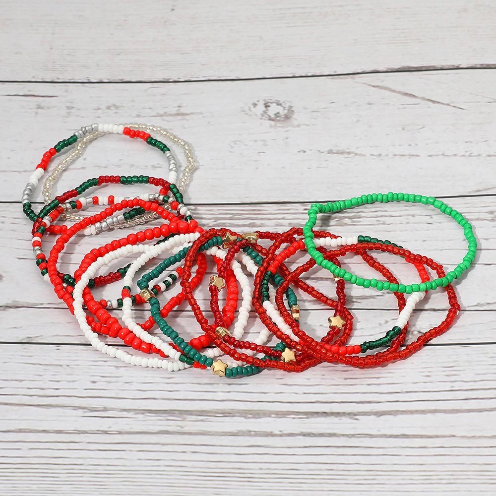 15Pc Christmas Seed Bead Bracelet Set Red Green White Stretch Holiday Stack Star