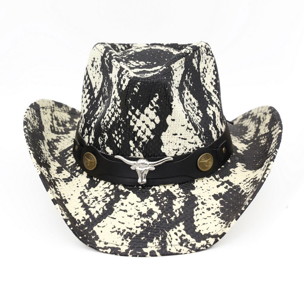 Women's One Size Steer Head Accent Snake Print Classic Western Cowboy Hat Ivory