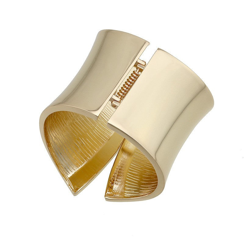 Wide Gold Cuff Bracelet Sculptural Modern Statement Architectural Hinged Bangle
