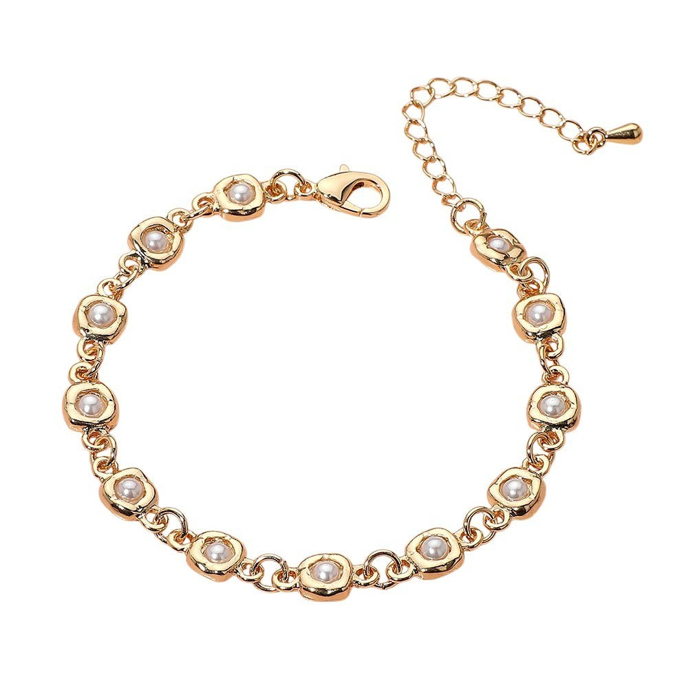 Dainty Pearl Bead Link Bracelet Elegant Gold Tone Chain Women’s Jewelry Gift