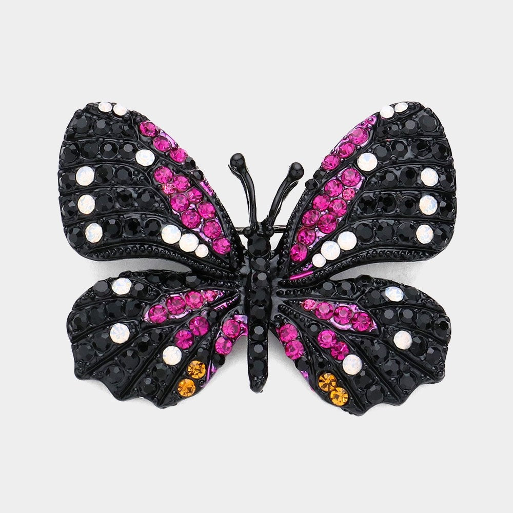 Black Metal Pink Rhinestone Butterfly Brooch Crystal Wing Animal Statement Pin