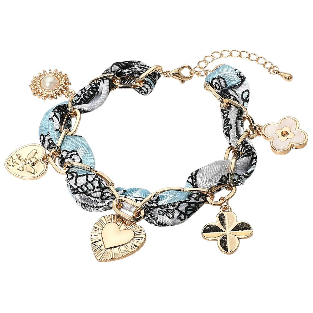 Heart Quatrefoil Pearl Charm Scarf Fabric Chain Bracelet Women’s Fashion Jewelry