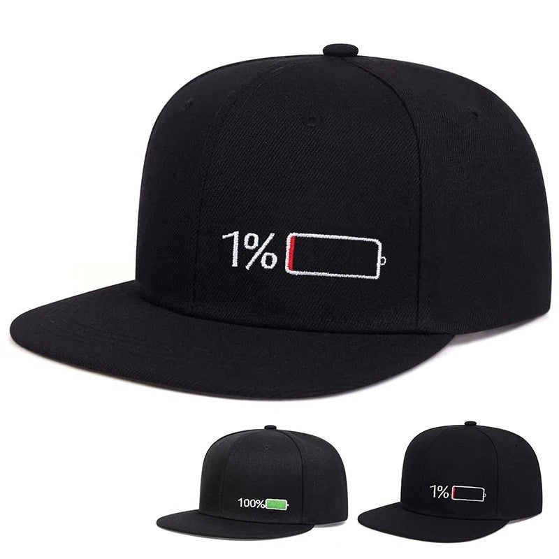 Battery Life Snapback Hat Set 1% Low & 100% Full Charge Embroidered Cap