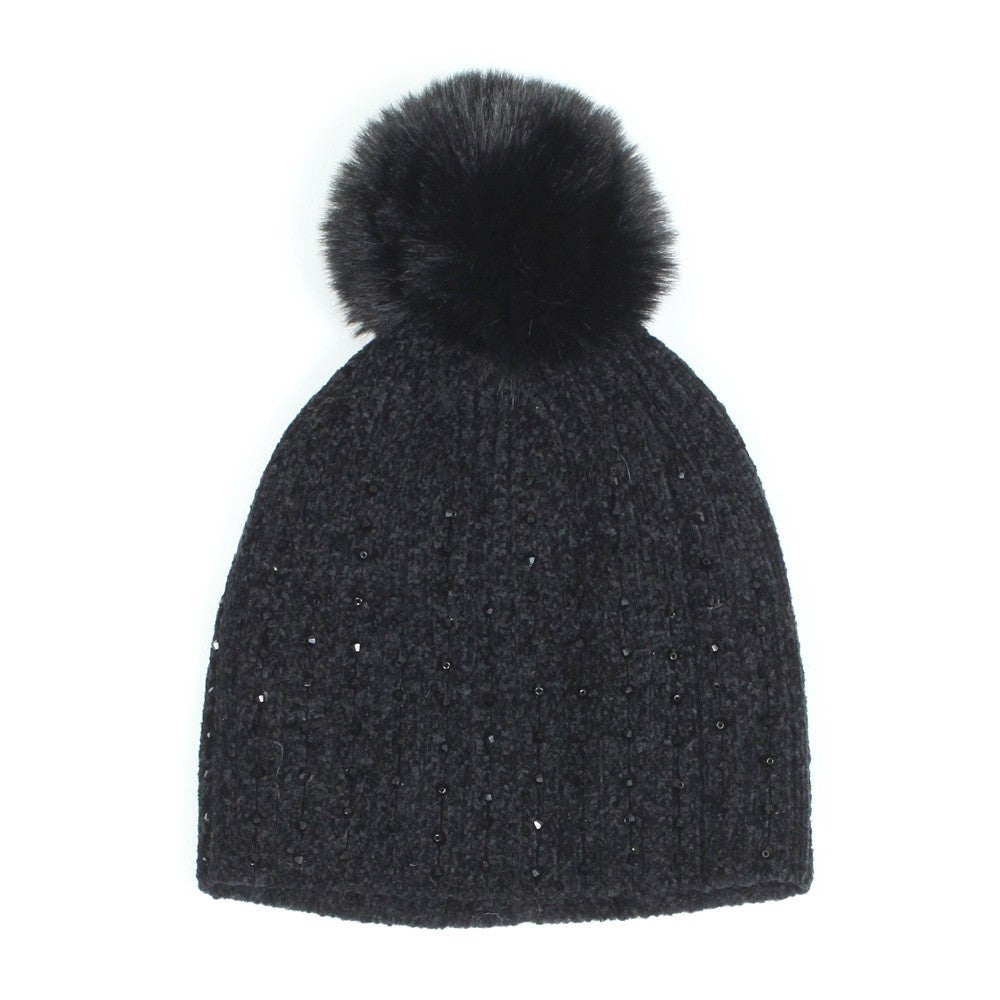 2pk Women’s Ribbed Knit Beanie Rhinestone Accents Faux Fur Pom Winter Hats