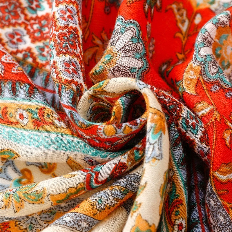 Boho Chic Floral Print Scarf for Women Soft Lightweight Cotton Tassel Wrap
