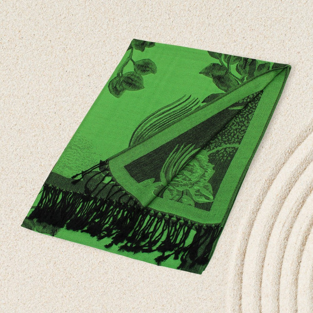 Reversible Rose Floral Pashmina Scarf Shawl Wrap Lightweight Green