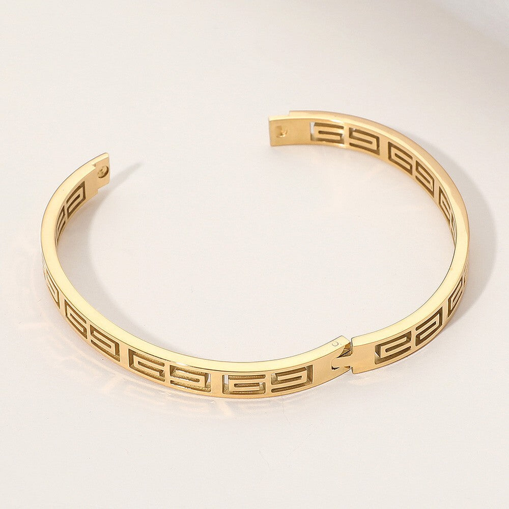 Stainless Steel Geometric Cutout Hinged Bangle Bracelet for Women
