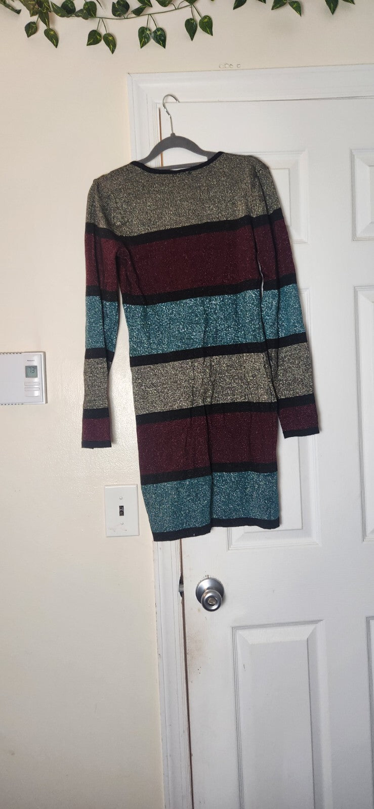 VENUS Women's Metallic Striped Bodycon Long Sleeve Stretch Sweater Dress Medium