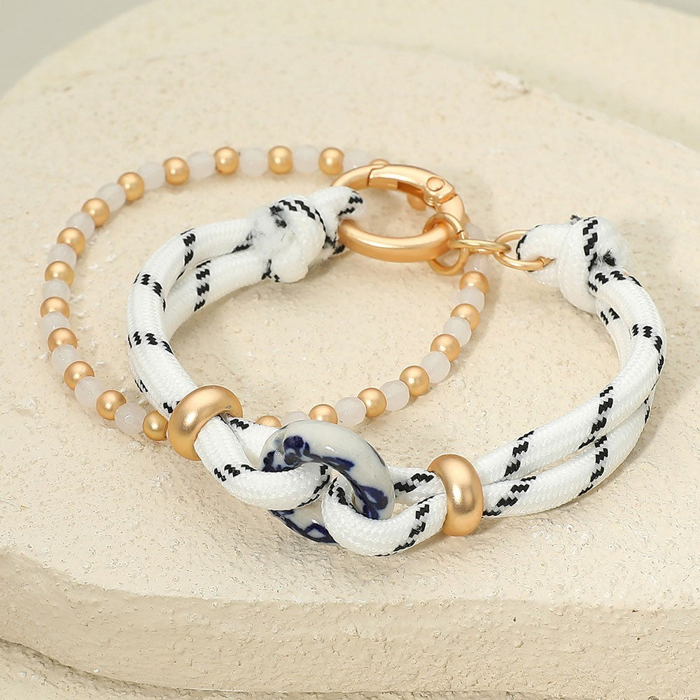 Double Strand White Nautical Rope & Gold Tone Beaded Bracelet Sailor Knot Beach