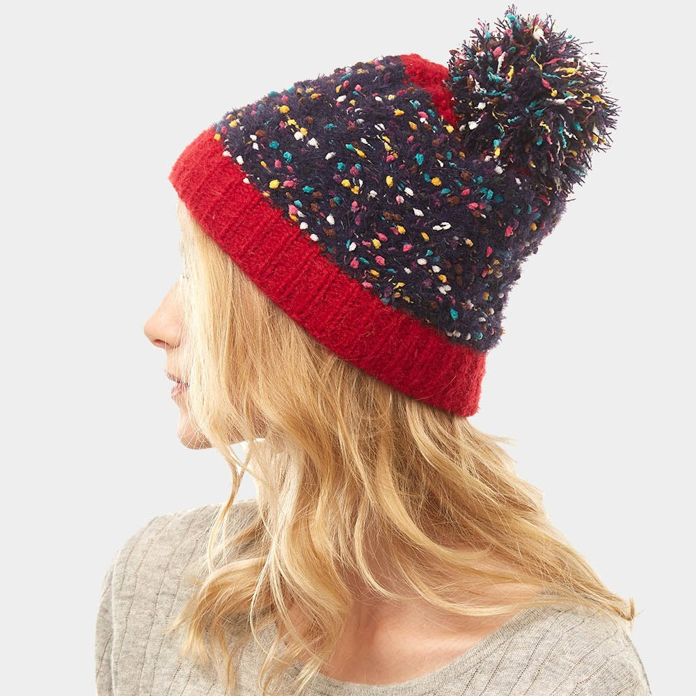 Women's Multi-Color Beanie Hat 8x9.4" 100% Acrylic with Sprinkles Pom Pom Accent