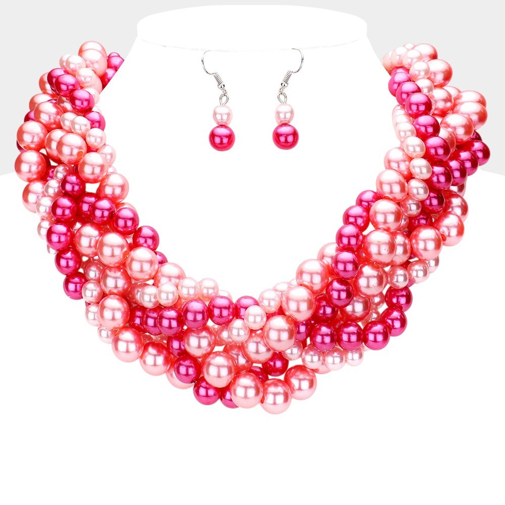 Braided Multi Strand Pearl Statement Necklace for Women Wedding Evening Party