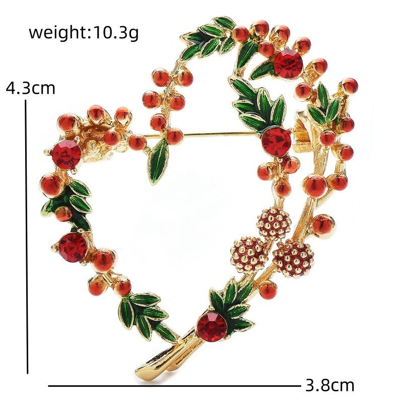 2 Pcs Heart Wreath Brooch Pin Lot Red Berry & Yellow Mimosa Enamel Rhinestone