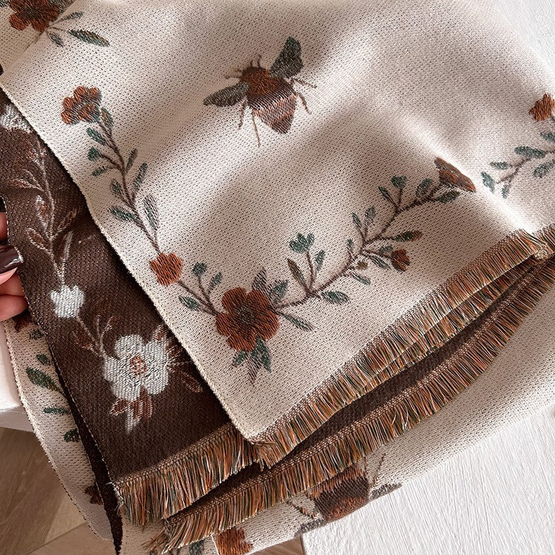 Warm Reversible Bee Floral Scarf Shawl Wrap Beige Brown Polyester Cashmere Feel