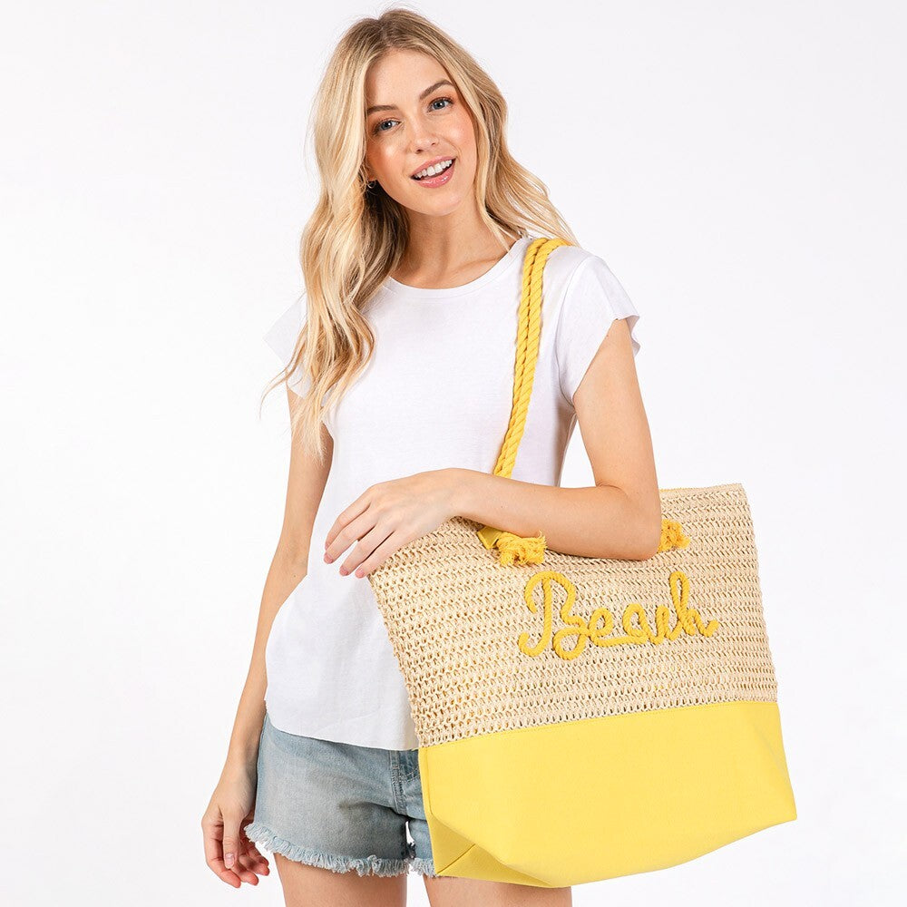 BEACH Embroidered Crochet Tote Bag with Rope Handles Summer Beach Bag Purse