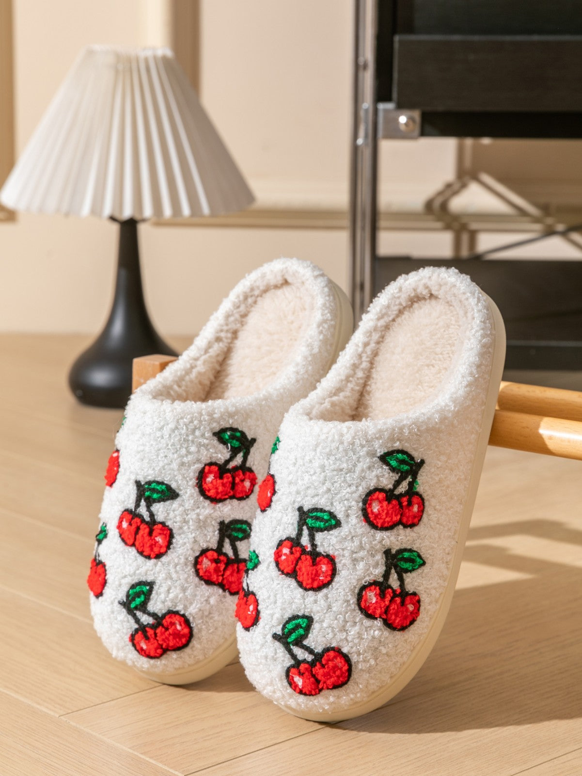 Warm Cherry House Slippers Women Sherpa Plush Fuzzy Non-Slip Indoor Home Shoes