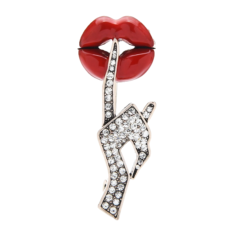 Red Lips Brooch Pin Shhh Finger Crystal Rhinestone Jewelry Statement Gift