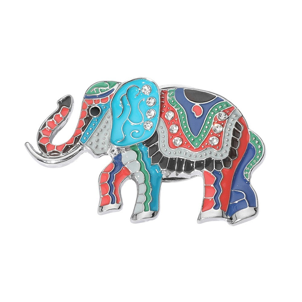 Stone Embellished Enamel Elephant Magnetic Brooch for Women Multi Silver Tone