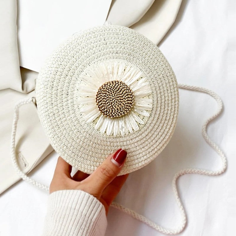 Women's Daisy Straw Circle Crossbody Bag Summer Beach Handbag White