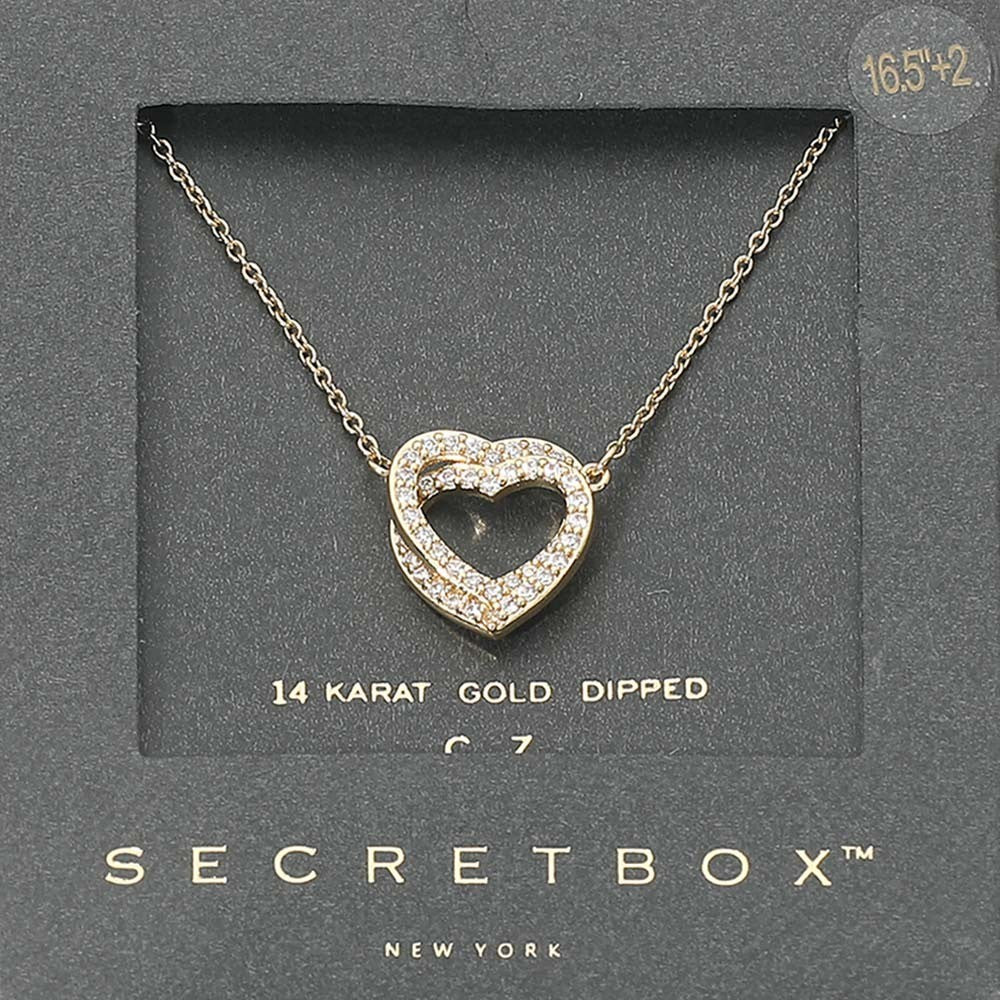 SECRET BOX 14K Gold Dipped CZ Stone Paved Twin Heart Pendant Necklace Adjustable