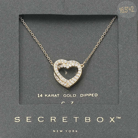 SECRET BOX 14K Gold Dipped CZ Stone Paved Twin Heart Pendant Necklace Adjustable
