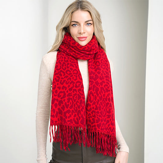 Red Leopard Print Fringe Winter Scarf – Soft Warm Oversized Animal Pattern Wrap