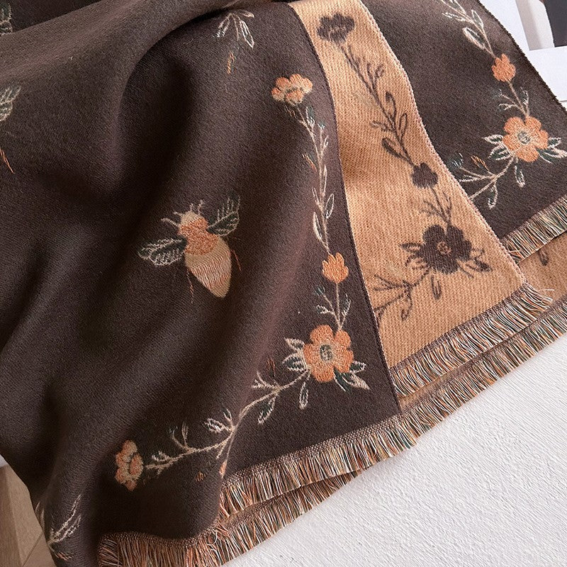 Statement Shawl Bee and Floral Embroidery Lightweight Soft Polyester Wrap