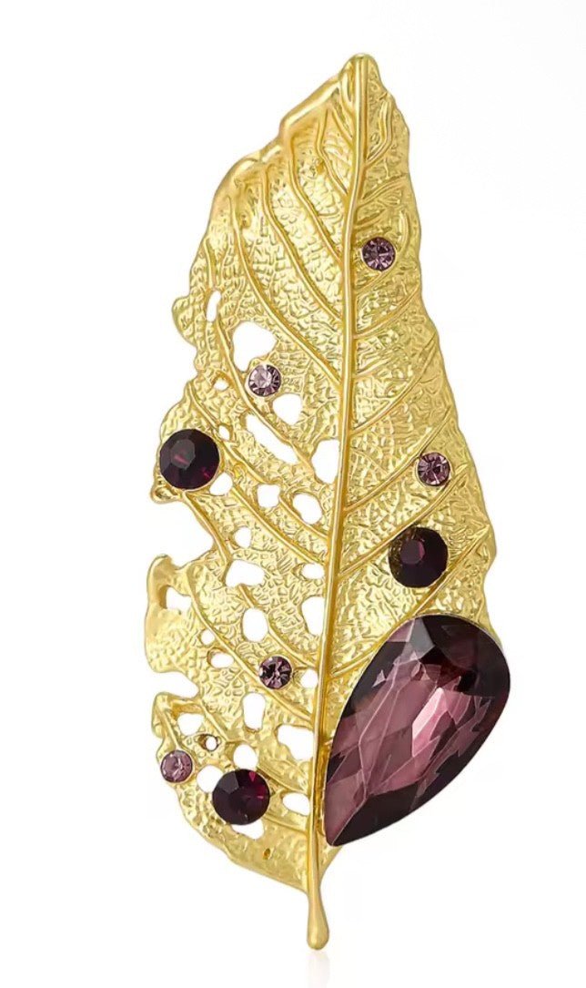 Vintage Gold Leaf Brooch Purple Crystal Rhinestone Pin - Filigree Autumn Jewelry